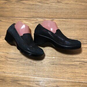 Alegria black wedge slip on shoes, leather upper, shiny black, 8.5